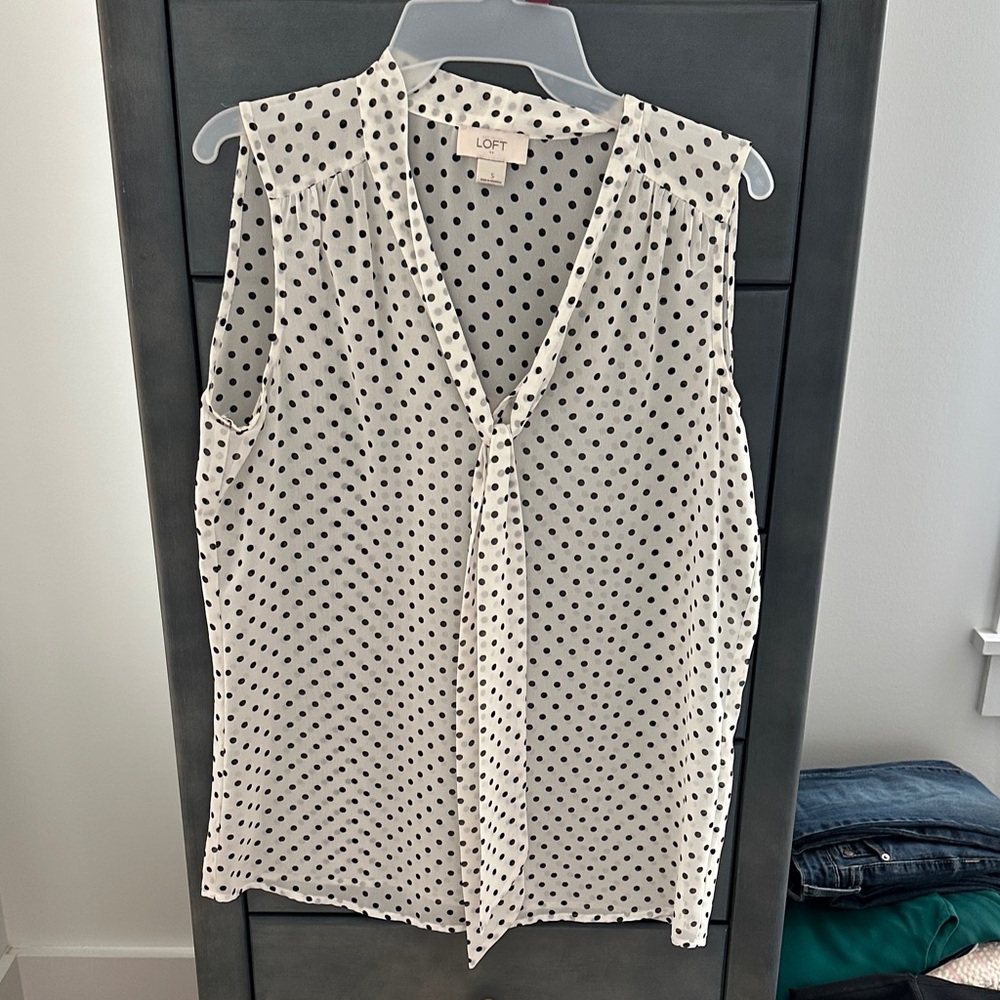 LOFT Ivory and Black Polka Dot Sleeveless Top